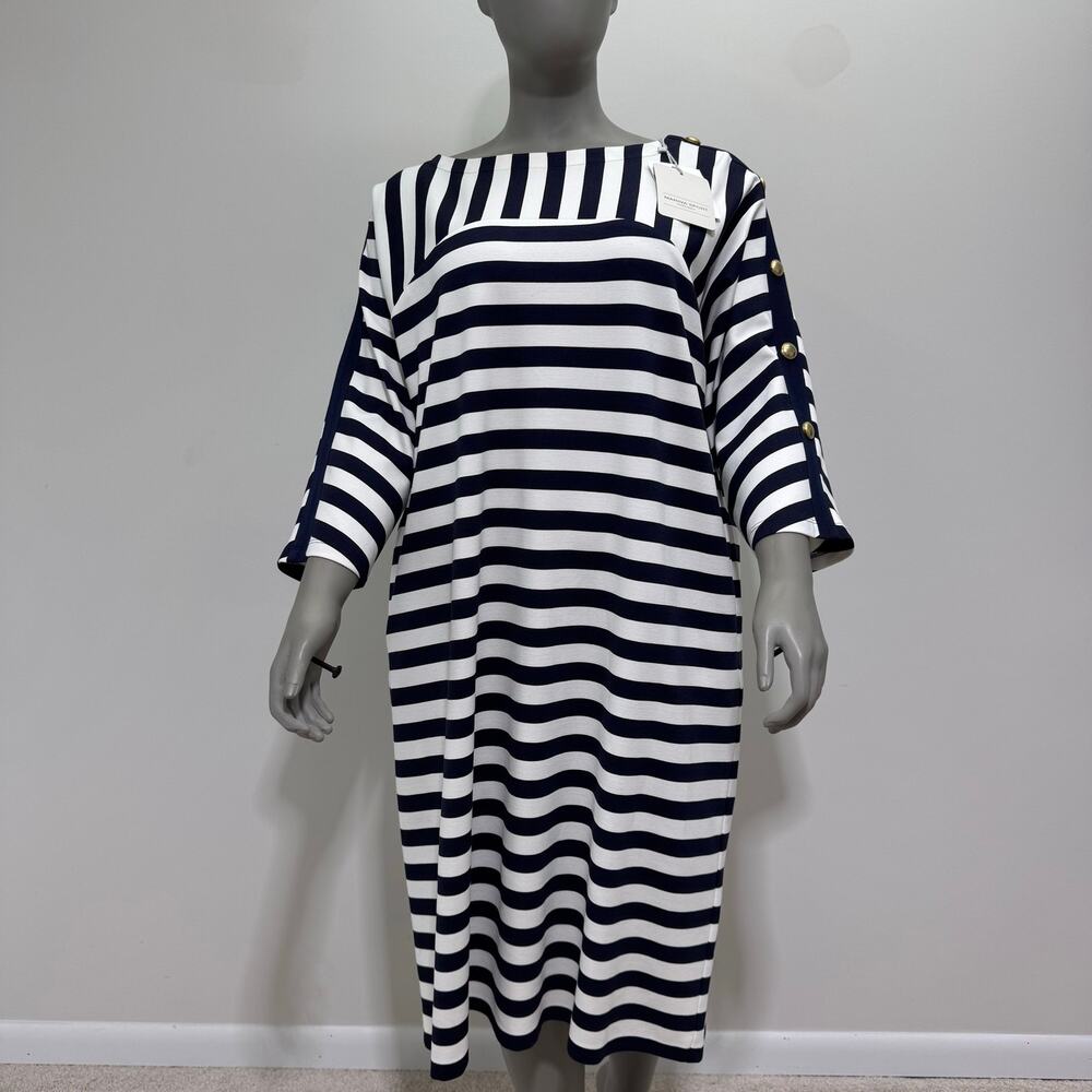 NWT Marina Rinaldi Navy White Striped Midi Dress US 20-22 Nautical Preppy Luxury